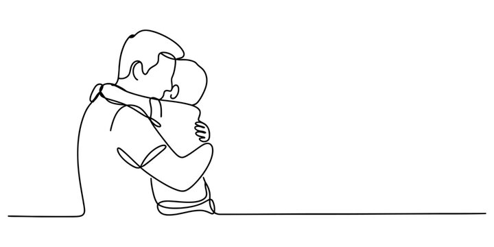 A single continuous line drawing of a father embracing his child with love and deep affection. Vector, illustration