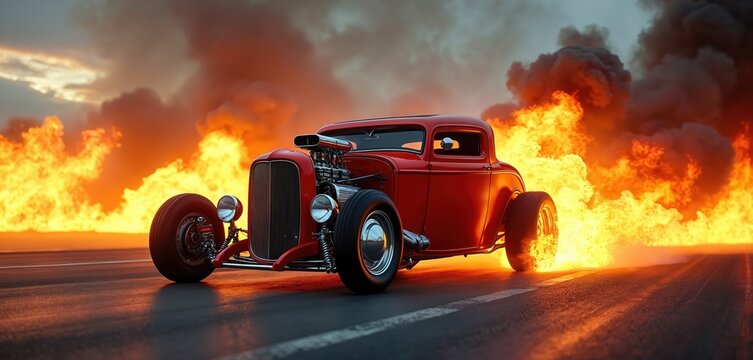 Red hot rod car speeds down track with intense fire and smoke erupting behind it. Powerful engine, roaring flames, race event atmosphere. Automotive thrill and action.