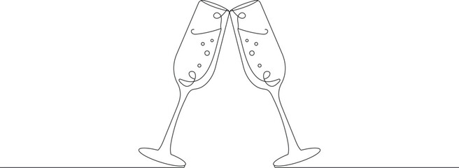 Continuous one line drawing of champagne glasses toasting. Line art style. Draw thin linear width. Editable stroke vector illustration © Shawon's Creation