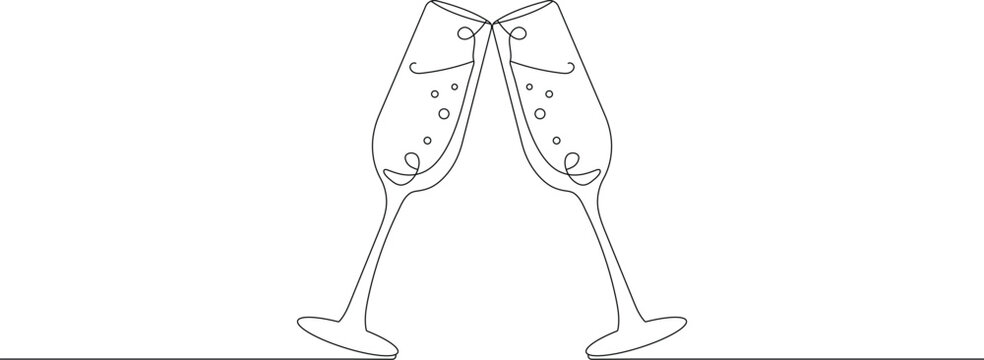 Continuous one line drawing of champagne glasses toasting. Line art style. Draw thin linear width. Editable stroke vector illustration