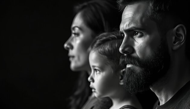Black and white profile portrait of family man woman and child looking into distance. Serious dad with beard and mustache gazes ahead. Mom and kid watch with thoughtful expressions. Black background.