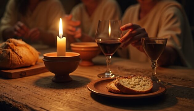 Jesus breaks bread and pours wine by candlelight. Disciples gather around wooden table for sacred meal. Holy communion service in dim light evokes spiritual connection and tradition.