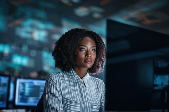 Woman it specialist observing system displays in control center