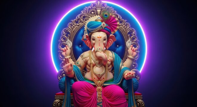 Ganesha seated on ornate throne with neon halo during festive celebration