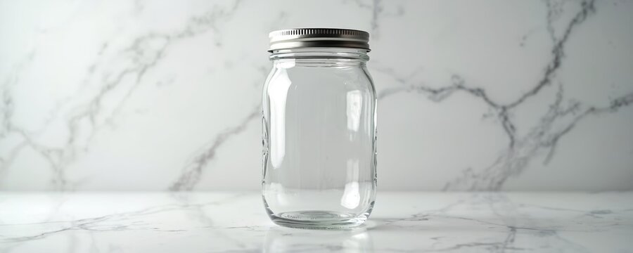 Clear glass mason jar with metal lid on marble. Empty container for food storage, drinks, or craft projects. Modern kitchenware, minimalist design, eco-friendly.