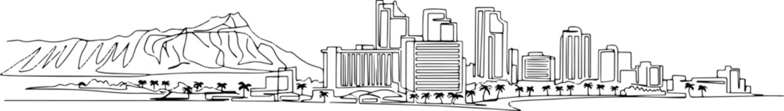 Continuous single line drawing of Honolulu skyline, Hawaii city landmark outline