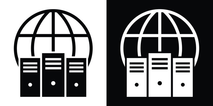 Global networking icon with three server towers positioned in front of a world globe. Represents international data centers, worldwide web hosting, and global internet infrastructure.