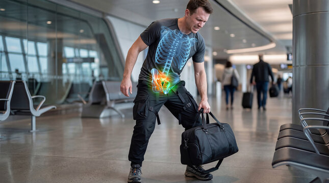 Man suffering from severe pelvic pain at airport terminal. Illustration of skeletal anatomy highlighting injury or inflammation. Health issue during travel and medical diagnostic concept.