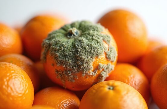 Moldy tangerine sits among fresh oranges on white background. Spoiled citrus fruit shows green fuzzy growth, decay, and waste. Unhealthy food concept, food spoilage, natural decomposition.