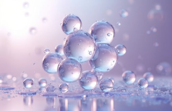 Transparent glass spheres float with tiny water droplets. Abstract background suggests cosmetic or science concepts. Clean, pure, and refreshing water elements. Scientific or beauty care visuals.