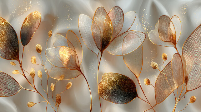 白い布地に描かれたエレガントな金箔のラインアートフラワー