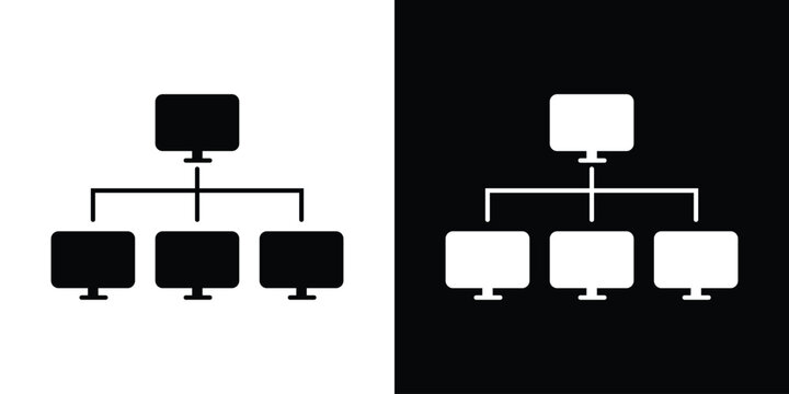 Professional network topology icon showing a master computer connected to three workstations. Minimalist vector design representing local area networks, distribution, and IT infrastructure.