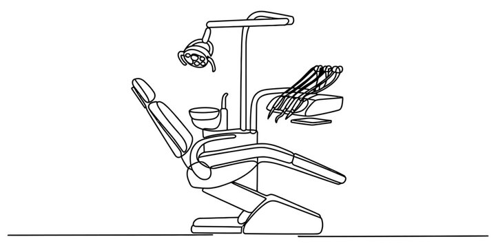 A simple black and white line drawing of a professional dental chair with medical equipment. Vector, illustration