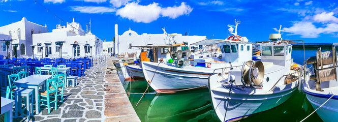 Greece Paros 13K Panorama of Naoussa Port with Empty Seafront Tables and Fishing Boats Scenic Cycladic Village Architecture World Print Quality Travel Landscape