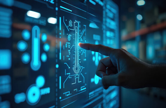 Person touches futuristic screen displaying cold chain logistics data. Shows temperature readings and monitoring controls for safe storage and delivery.