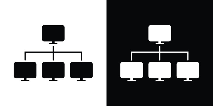 Professional network topology icon showing a master computer connected to three workstations. Minimalist vector design representing local area networks, distribution, and IT infrastructure.