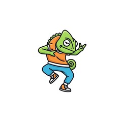 Naklejka premium A cartoon chameleon sports an orange shirt, blue pants, and sneakers, striking a cool pose with a raised hand