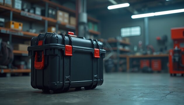 Rugged black case with red latches rests on concrete floor. Blurred workshop shelves stocked with goods create backdrop. Durable, heavy-duty container for tools and gear.