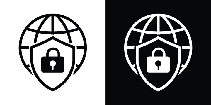 Vector icon featuring a globe and a shield with an open padlock. Symbolizes vulnerability, data breach, security access, or decrypted global communications.