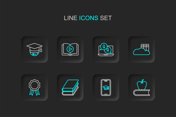 Fototapeta premium Set line Book with apple, Graduation cap on mobile, Online education diploma, Cloud or online library, Question and Answer, Audio book and globe icon. Vector