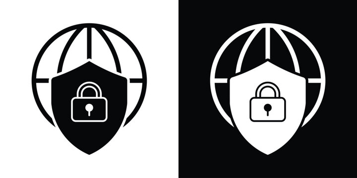Vector icon featuring a globe and a shield with an open padlock. Symbolizes vulnerability, data breach, security access, or decrypted global communications.