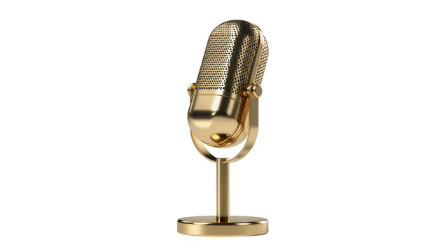Shiny golden vintage microphone with perforated head and pedestal stand