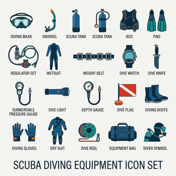Comprehensive Scuba Diving Equipment Icon Set for Aquatic Adventures and Underwater Exploration