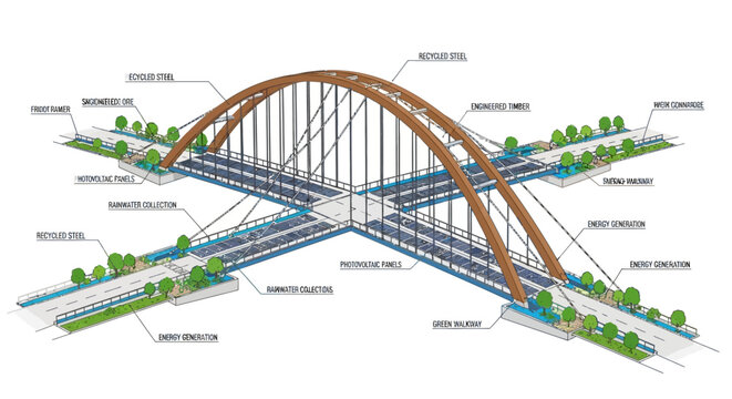 3D architectural diagram of a modern urban bridge design