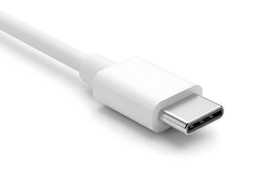 Macro view of a white usb type-c charging and data transfer cable connector on a white background highlighting modern connectivity hardware with type c with usb