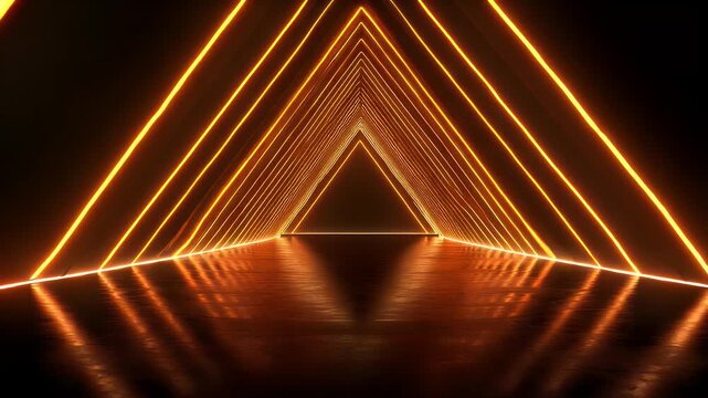 Abstract golden triangle neon light tunnel loop moving forward in dark corridor with reflective floor creating cinematic symmetry for tech presentation electronic music visual or backdrop.