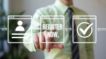 Obraz premium Businessman interacting with glowing virtual interface showing a clear online registration process in a modern office