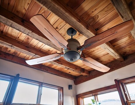 rustic wood ceiling fan mounted beneath timber beams in a cozy room