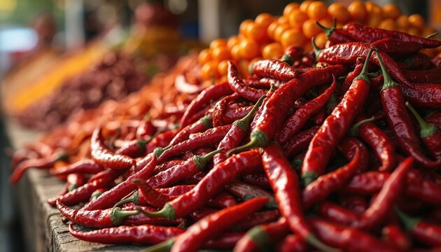 Pile of vibrant red dried chilies ancho guajillo pasilla at market. Assorted peppers offer rich texture and deep brown hues. Food background with healthy organic produce.