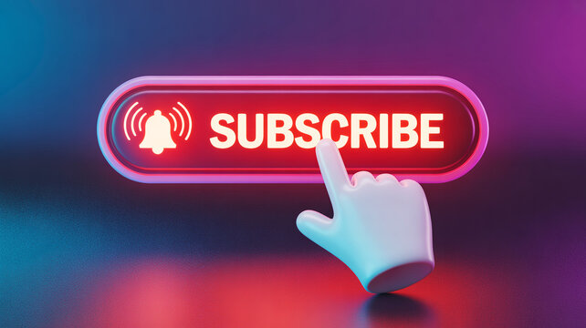 A 3D hand cursor points at a bright red subscribe button and bell icon on a glowing neon background for online content engagement