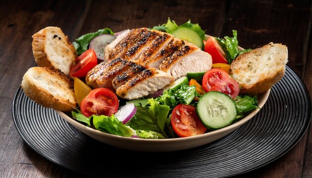 grilled chicken salad with fresh vegetables and bread