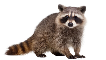 Fluffy Gray Raccoon Standing Alert with Ringed Tail and Dark Mask © Lisa
