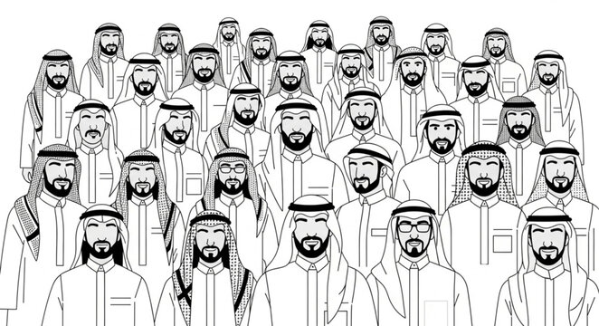 Group of Arab men in traditional attire, looking at the camera.