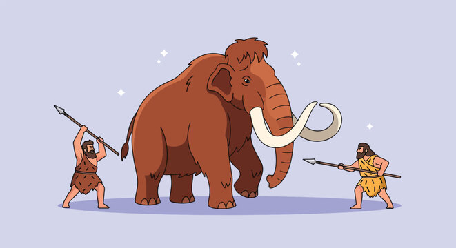 Ancient hunters confront a giant woolly mammoth in a prehistoric landscape.