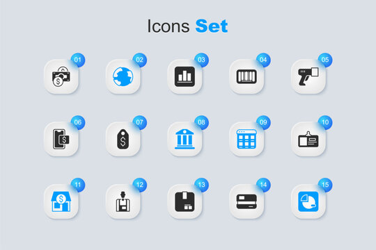Set Credit card, Price tag with dollar, Worldwide, Market store, Pie chart infographic, Identification badge, Stacks paper money cash and Bank building icon. Vector