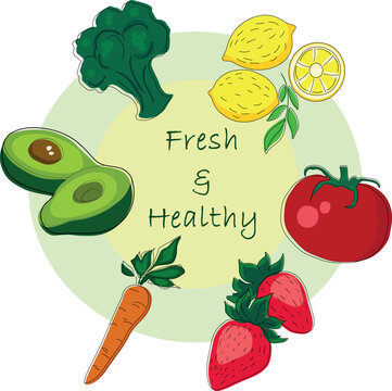 Healthy food sticker pack with organic vegetables and fruits, vector set