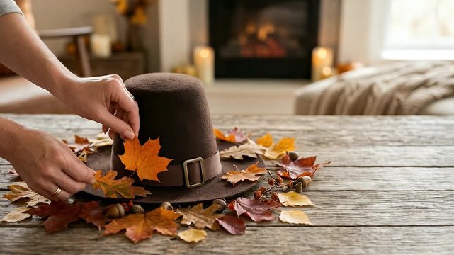 Capture the serene ambiance of autumn as hands gently arrange colorful leaves around a rustic hat, with a slow pan revealing a cozy fireplace in a warm, cinematic setting.
