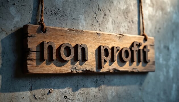 Wooden sign with carved text non profit hangs on textured concrete wall. Shadow casts across weathered wood, rough surface. Natural light illuminates aged material, suggesting place of community