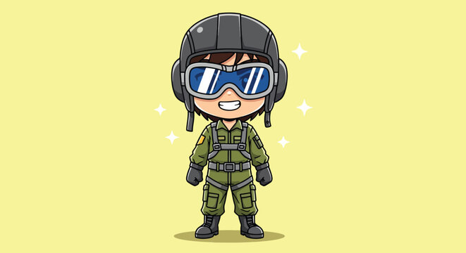 Cute Cartoon Pilot Character in Flight Suit and Helmet.