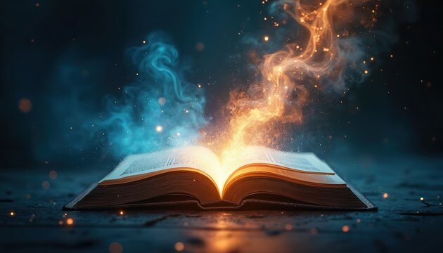 Open book emits bright magical energy light, swirling blue orange dust particles fly around dark background. Ancient wisdom, fantasy knowledge, power source, creation imagination, cosmic mystery,