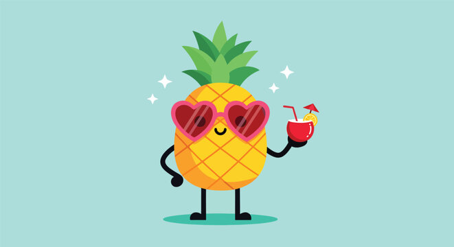 Cute pineapple character wearing heart shaped sunglasses and holding a cocktail.