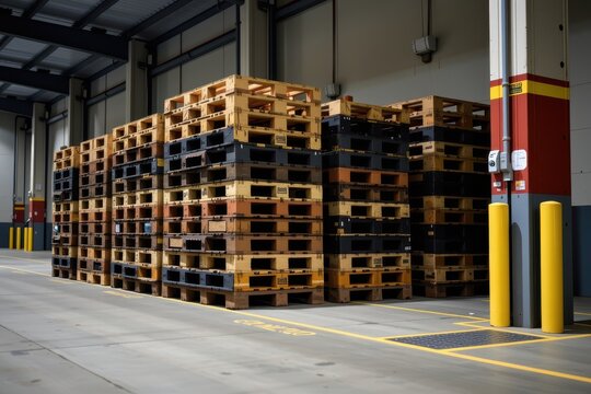 A towering stack of empty, plastic shipping pallets sitting idle on a dark, silent loading dock.