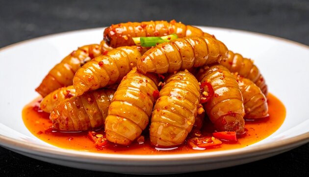 Silkworm pupae. Plump silkworm pupae in red sauce, rustic, protein rich, and striking on a white plate.