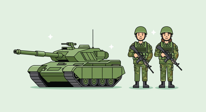Military Tank and Soldiers Ready for Combat.