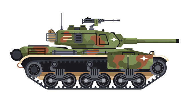 Military tank featuring a green and brown camouflage pattern with a mounted machine gun, detailed tracks, and a long cannon barrel, presented with clean lines and sharp shapes for