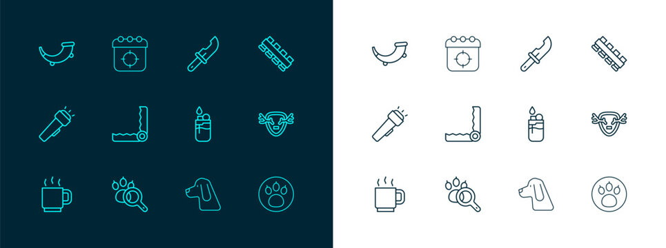 Set line Hunting cartridge belt, Paw search, Lighter, dog, Trap hunting, Hunter knife, horn and Target sport icon. Vector